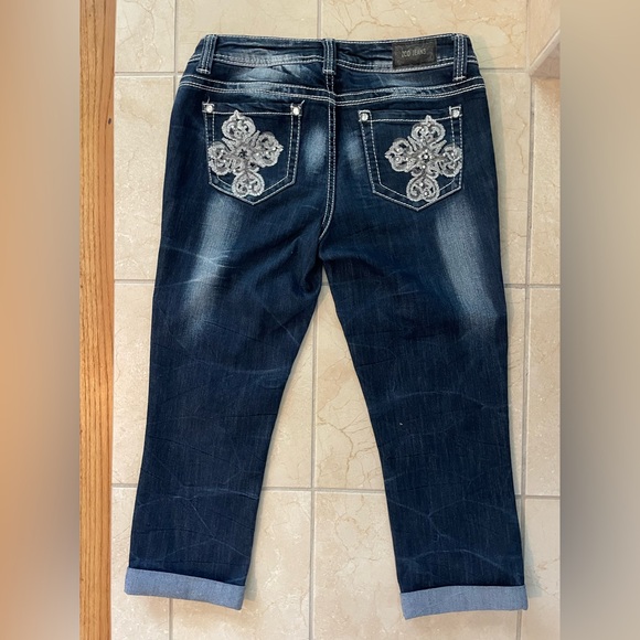 ZCo Women's Distressed Dark Blue Cropped Jeans with embellished back pockets - Picture 9 of 11